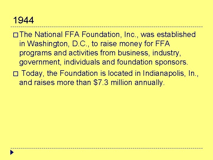 1944 � The National FFA Foundation, Inc. , was established in Washington, D. C.