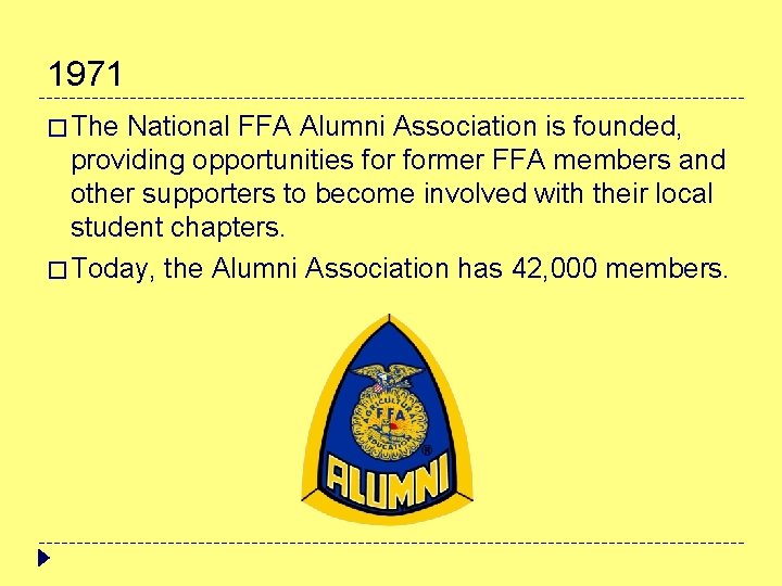1971 � The National FFA Alumni Association is founded, providing opportunities former FFA members