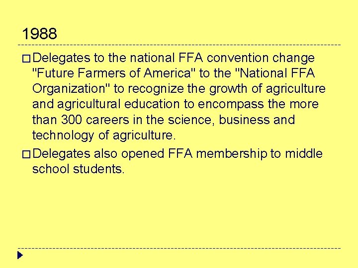 1988 � Delegates to the national FFA convention change "Future Farmers of America" to