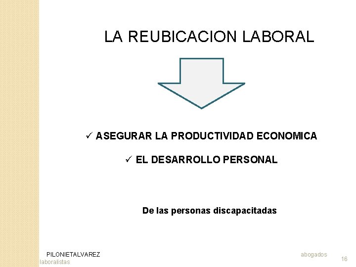 LA REUBICACION LABORAL ü ASEGURAR LA PRODUCTIVIDAD ECONOMICA ü EL DESARROLLO PERSONAL De las