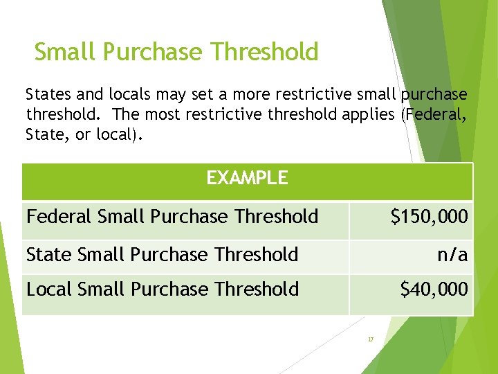 Small Purchase Threshold States and locals may set a more restrictive small purchase threshold.