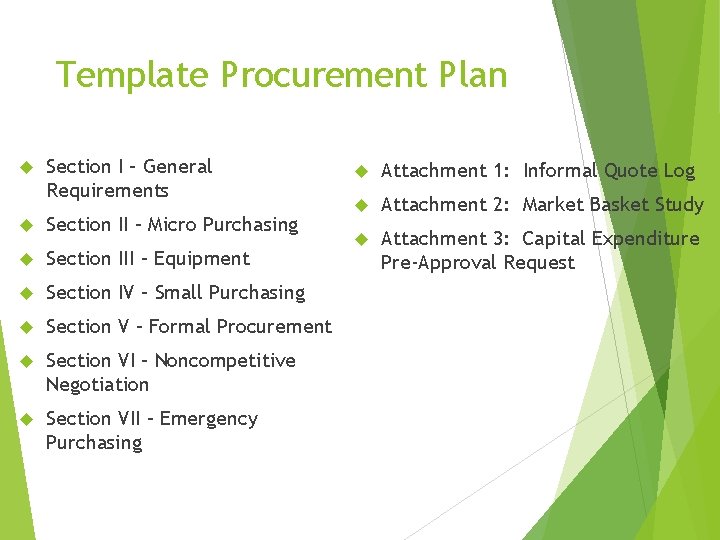 Template Procurement Plan Section I – General Requirements Section II – Micro Purchasing Section