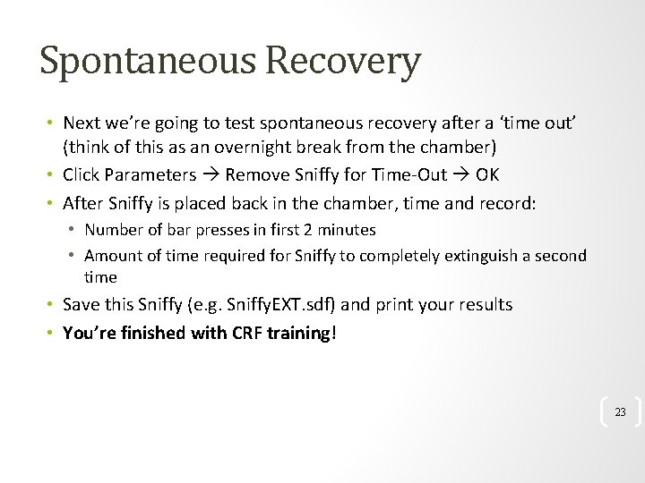 Spontaneous Recovery • Next we’re going to test spontaneous recovery after a ‘time out’ Spontaneous Recovery • Next we’re going to test spontaneous recovery after a ‘time out’