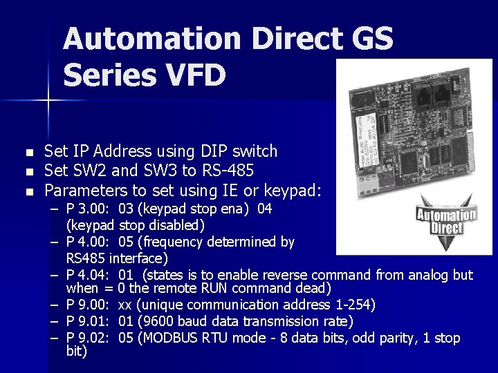 Automation Direct GS Series VFD n n n Set IP Address using DIP switch