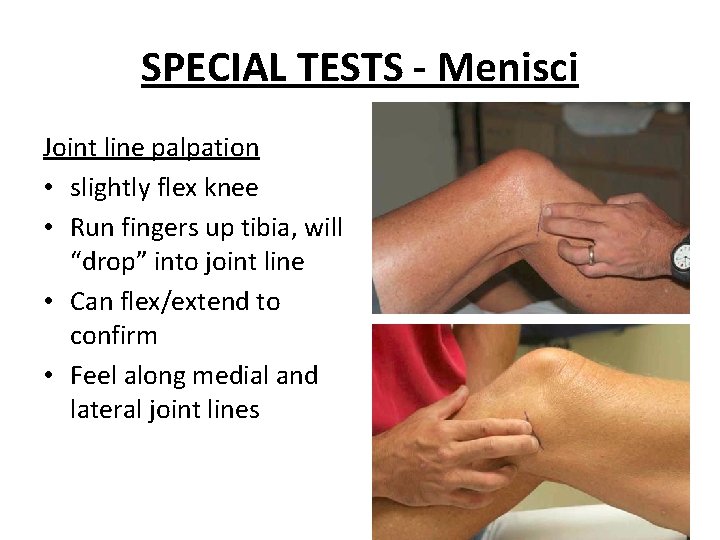 SPECIAL TESTS - Menisci Joint line palpation • slightly flex knee • Run fingers