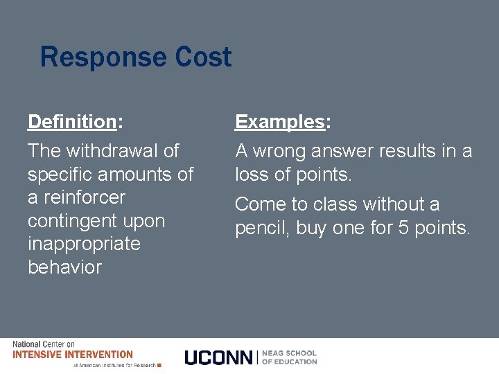 Response Cost Definition: Examples: The withdrawal of specific amounts of a reinforcer contingent upon Response Cost Definition: Examples: The withdrawal of specific amounts of a reinforcer contingent upon