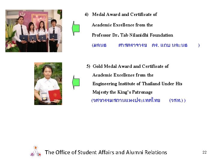 4) Medal Award and Certificate of Academic Excellence from the Professor Dr. Tab Nilanidhi