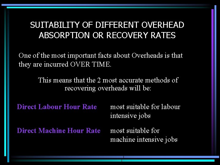 SUITABILITY OF DIFFERENT OVERHEAD ABSORPTION OR RECOVERY RATES One of the most important facts
