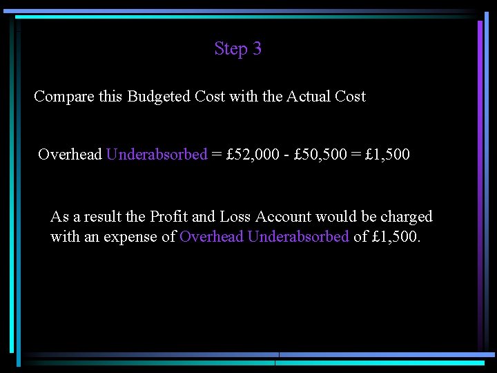 Step 3 Compare this Budgeted Cost with the Actual Cost Overhead Underabsorbed = £