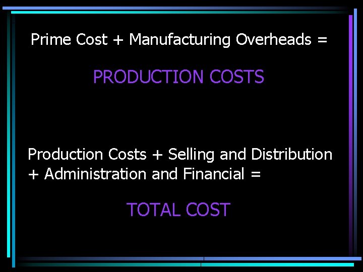 Prime Cost + Manufacturing Overheads = PRODUCTION COSTS Production Costs + Selling and Distribution