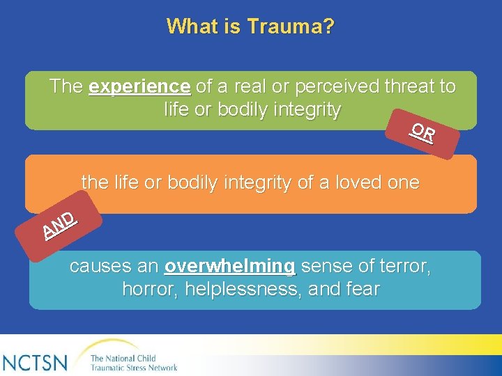 What is Trauma? The experience of a real or perceived threat to life or