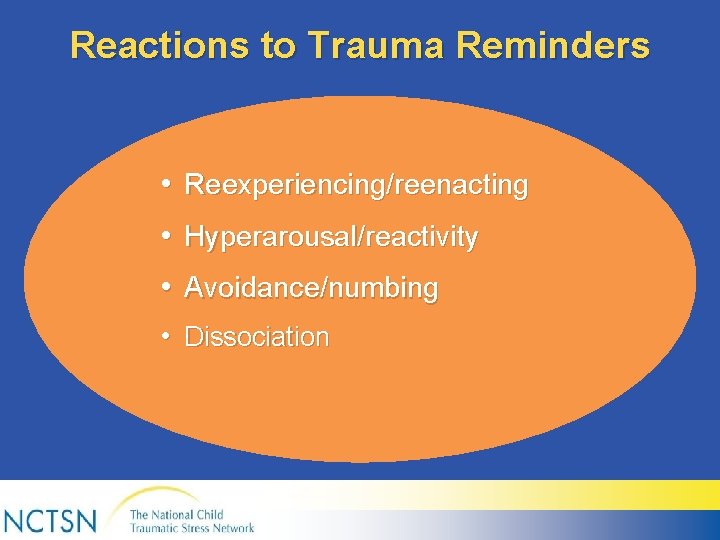 Reactions to Trauma Reminders • Reexperiencing/reenacting • Hyperarousal/reactivity • Avoidance/numbing • Dissociation 
