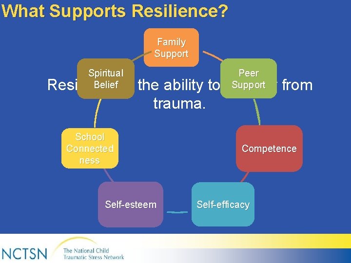 What Supports Resilience? Family Support Spiritual Belief Peer Support Resiliency is the ability to