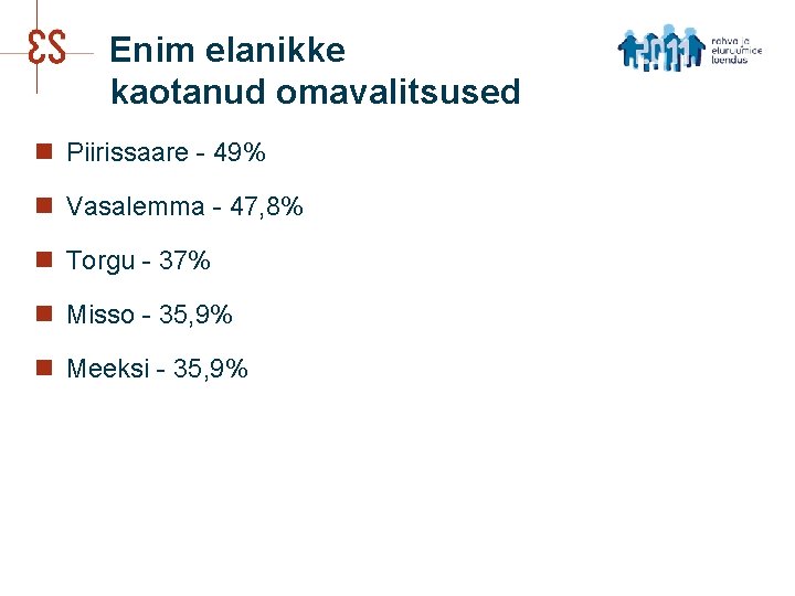 Enim elanikke kaotanud omavalitsused n Piirissaare - 49% n Vasalemma - 47, 8% n