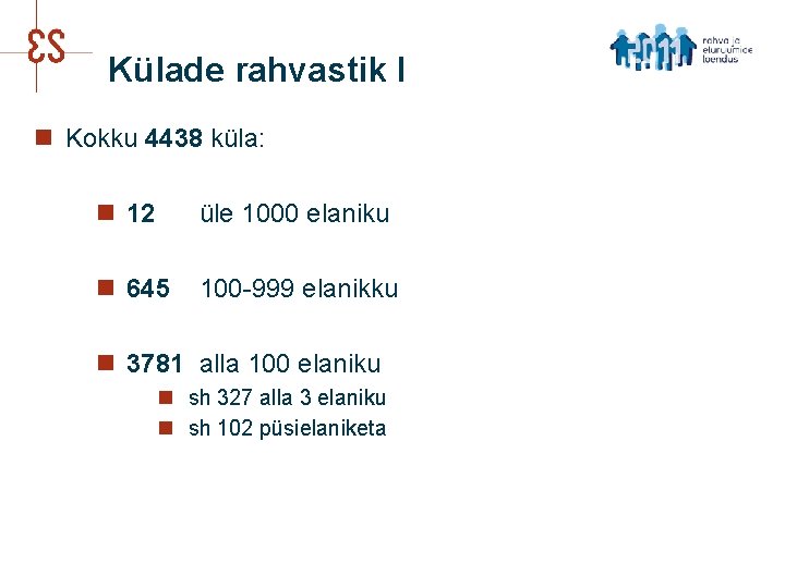 Külade rahvastik I n Kokku 4438 küla: n 12 üle 1000 elaniku n 645