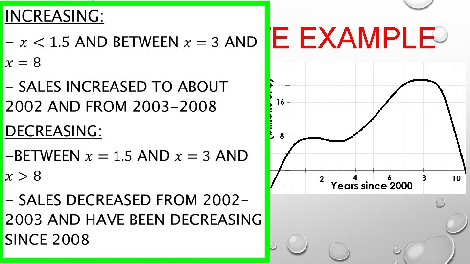  COMPREHENSIVE EXAMPLE • B) ESTIMATE AND INTERPRET WHERE THE GRAPH IS INCREASING AND