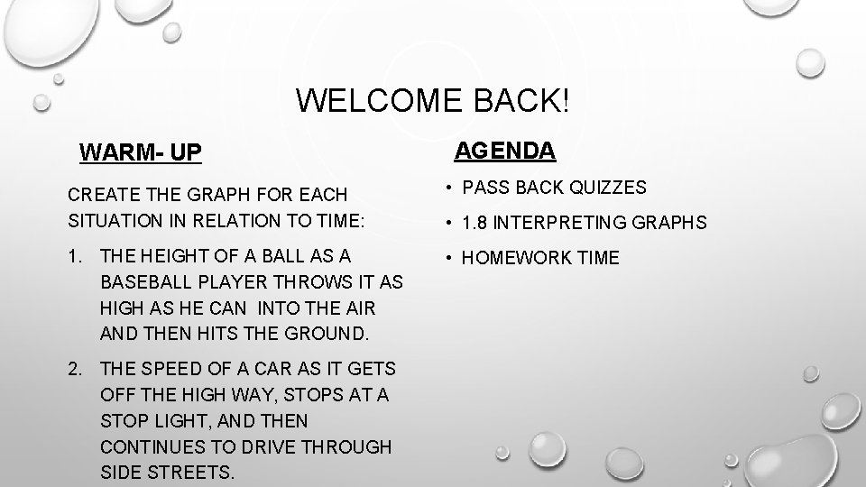 WELCOME BACK! WARM- UP AGENDA CREATE THE GRAPH FOR EACH SITUATION IN RELATION TO