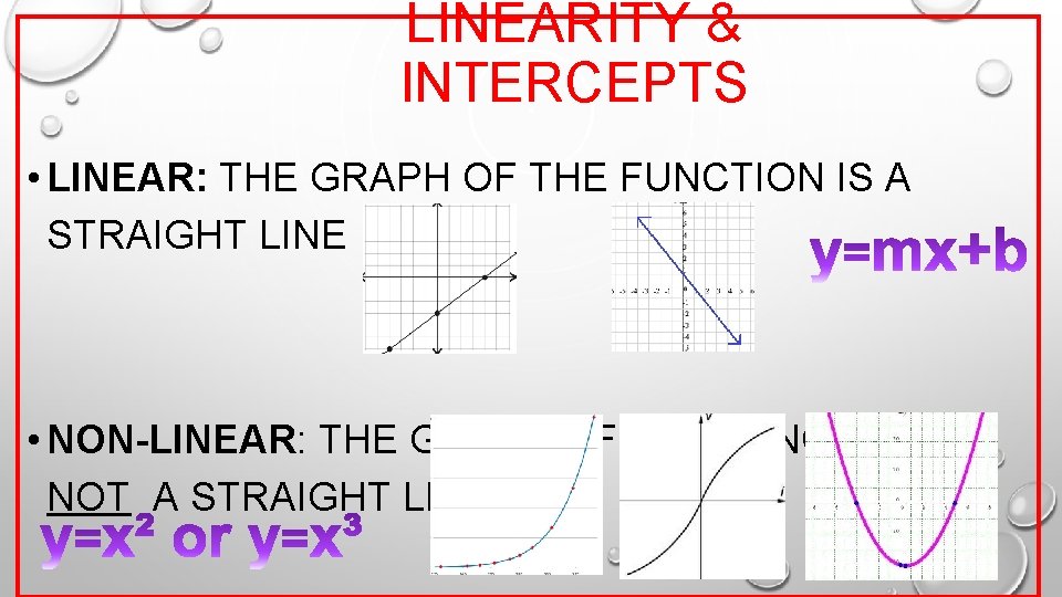 LINEARITY & INTERCEPTS • LINEAR: THE GRAPH OF THE FUNCTION IS A STRAIGHT LINE