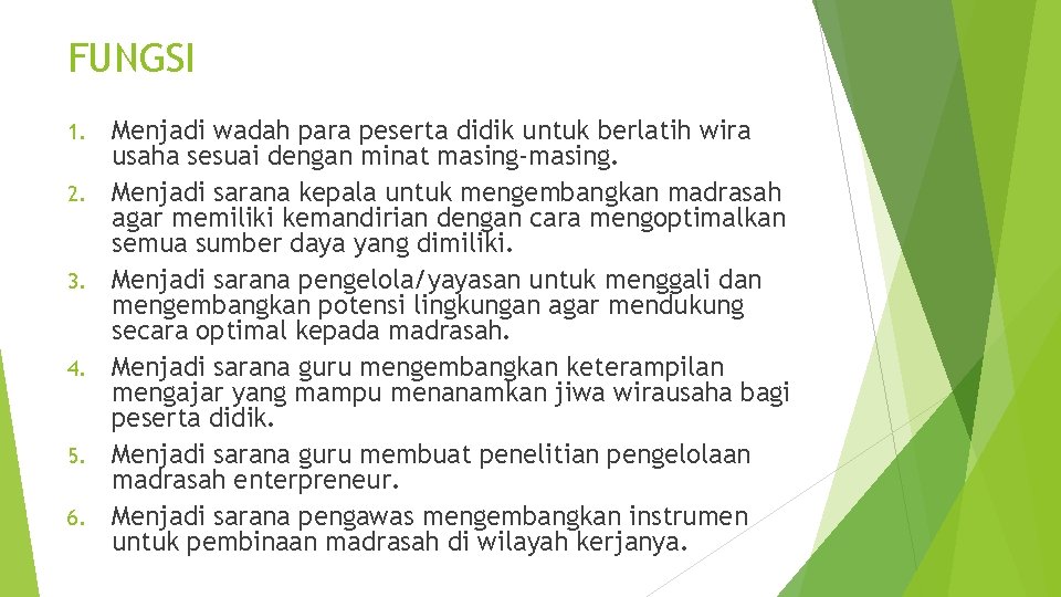 FUNGSI 1. 2. 3. 4. 5. 6. Menjadi wadah para peserta didik untuk berlatih