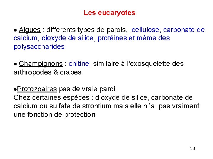  Les eucaryotes Algues : différents types de parois, cellulose, carbonate de calcium, dioxyde