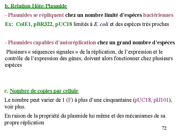 b. Relation Hôte Plasmide - Plasmides se répliquent chez un nombre limité d’espèces bactériennes