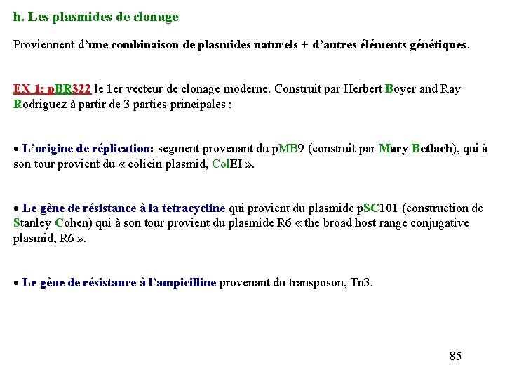 h. Les plasmides de clonage Proviennent d’une combinaison de plasmides naturels + d’autres éléments