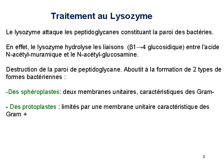 Traitement au Lysozyme Le lysozyme attaque les peptidoglycanes constituant la paroi des bactéries. En