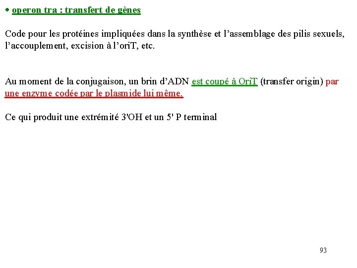  operon tra : transfert de gènes Code pour les protéines impliquées dans la