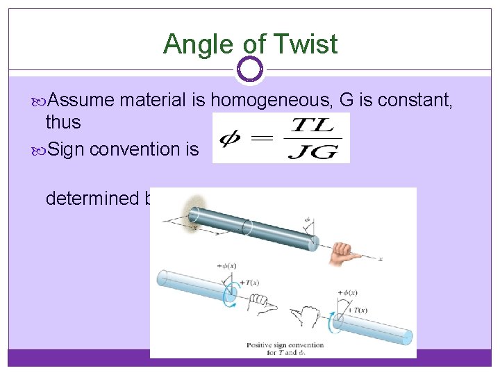 Angle of Twist Assume material is homogeneous, G is constant, thus Sign convention is