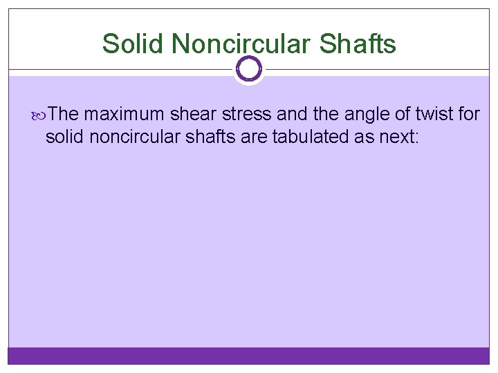 Solid Noncircular Shafts The maximum shear stress and the angle of twist for solid