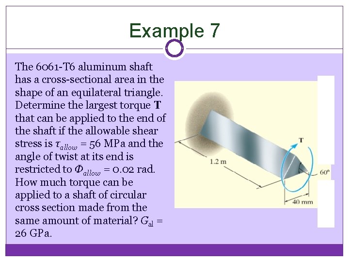 Example 7 The 6061 -T 6 aluminum shaft has a cross-sectional area in the