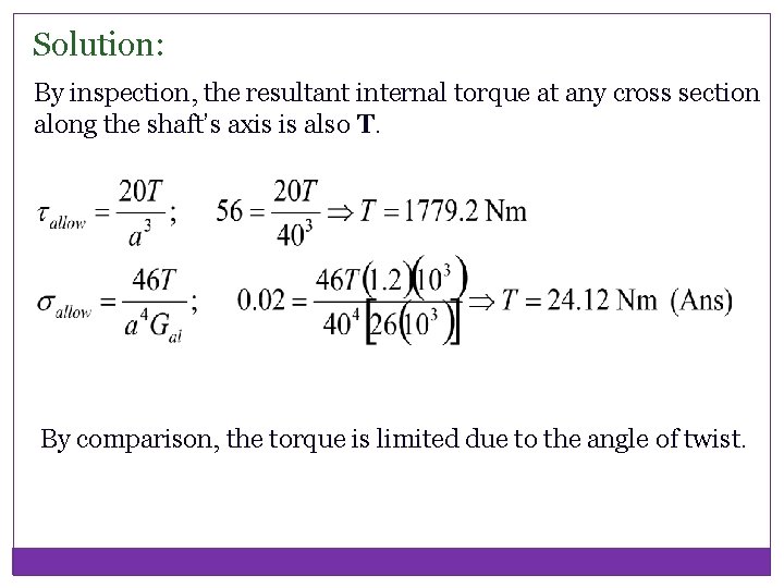 Solution: By inspection, the resultant internal torque at any cross section along the shaft’s