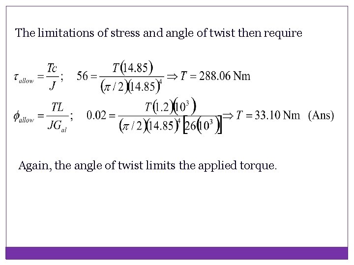 The limitations of stress and angle of twist then require Again, the angle of