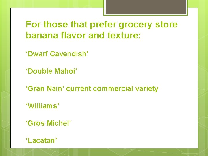 For those that prefer grocery store banana flavor and texture: ‘Dwarf Cavendish’ ‘Double Mahoi’