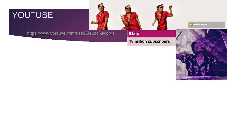 YOUTUBE https: //www. youtube. com/user/Elektra. Records Stats 18 million subscribers 