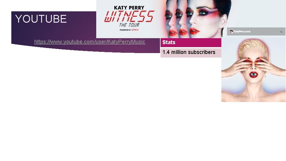 YOUTUBE https: //www. youtube. com/user/Katy. Perry. Music Stats 1. 4 million subscribers 