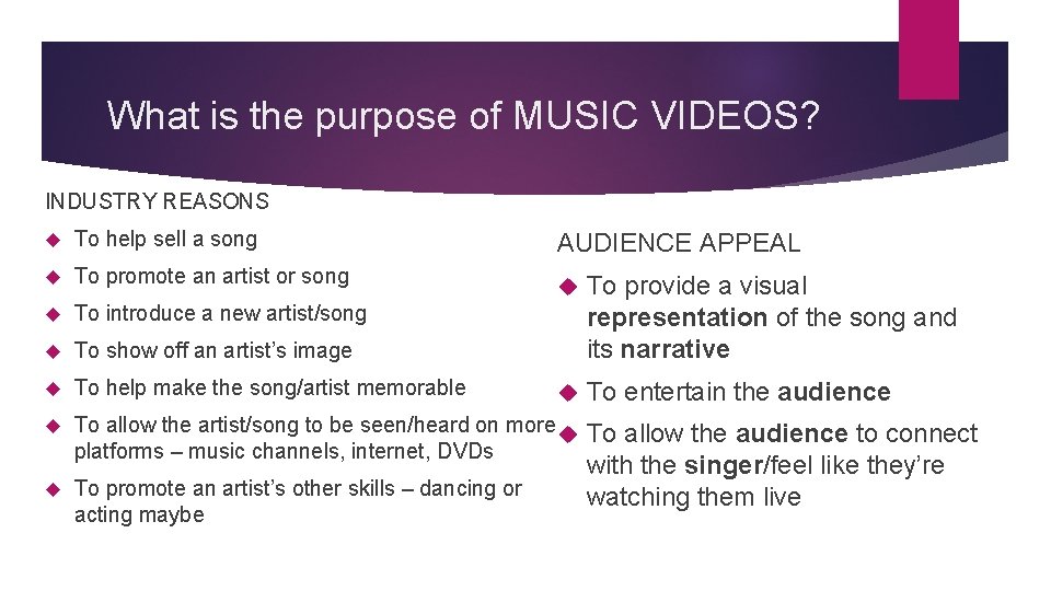 What is the purpose of MUSIC VIDEOS? INDUSTRY REASONS To help sell a song