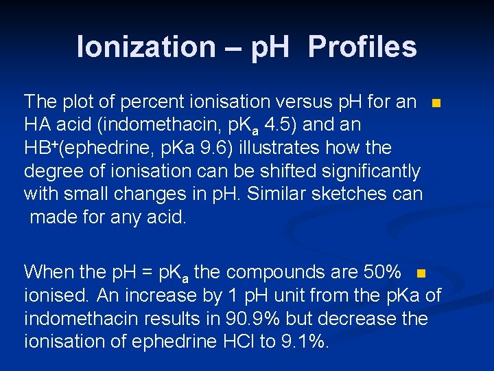 Ionization – p. H Profiles The plot of percent ionisation versus p. H for