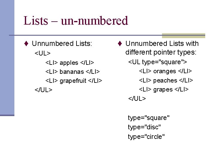 Lists – un-numbered t Unnumbered Lists: <UL> <LI> apples </LI> <LI> bananas </LI> <LI>