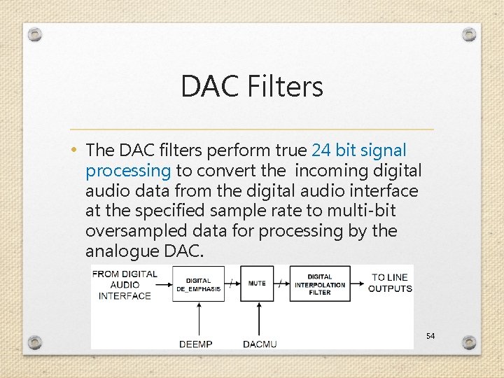 DAC Filters • The DAC filters perform true 24 bit signal processing to convert