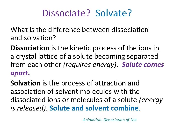 Dissociate? Solvate? What is the difference between dissociation and solvation? Dissociation is the kinetic