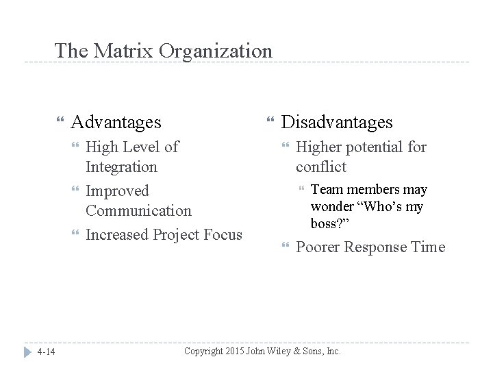 The Matrix Organization Advantages 4 -14 High Level of Integration Improved Communication Increased Project