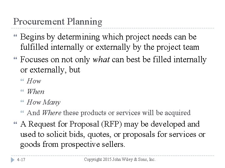 Procurement Planning Begins by determining which project needs can be fulfilled internally or externally