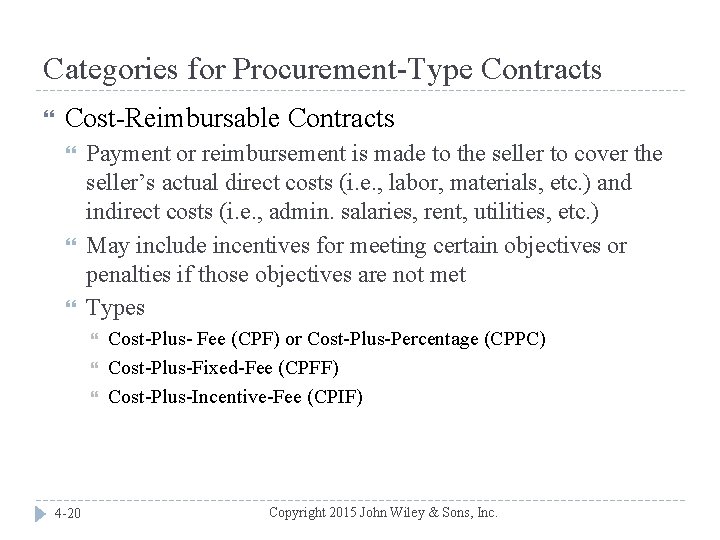 Categories for Procurement-Type Contracts Cost-Reimbursable Contracts Payment or reimbursement is made to the seller
