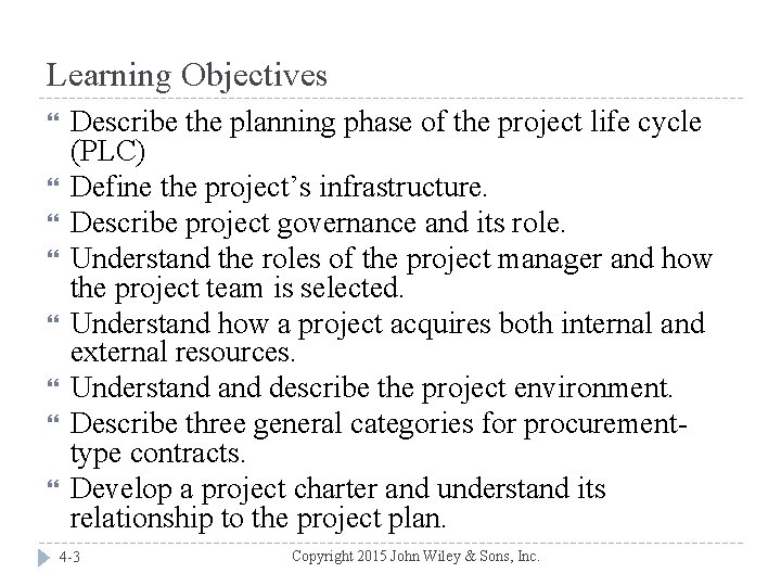 Learning Objectives Describe the planning phase of the project life cycle (PLC) Define the