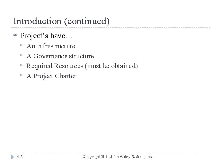 Introduction (continued) Project’s have… 4 -5 An Infrastructure A Governance structure Required Resources (must