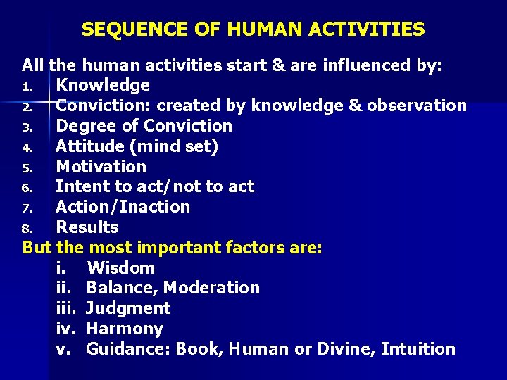 SEQUENCE OF HUMAN ACTIVITIES All the human activities start & are influenced by: 1.