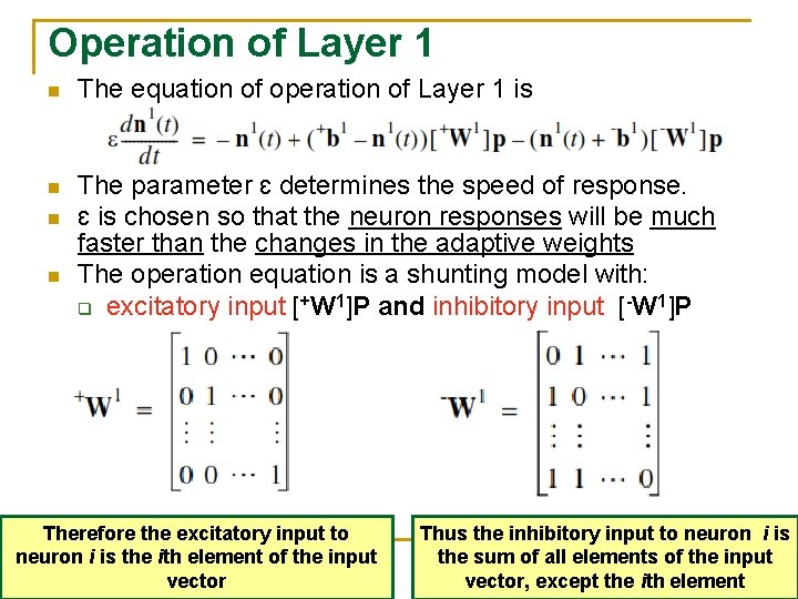 Operation of Layer 1 n The equation of operation of Layer 1 is n