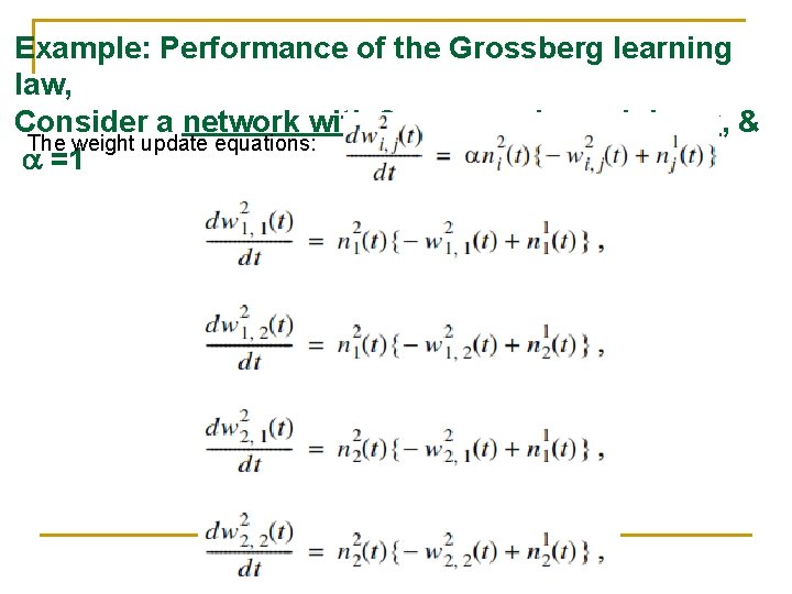 Example: Performance of the Grossberg learning law, Consider a network with 2 neurons in