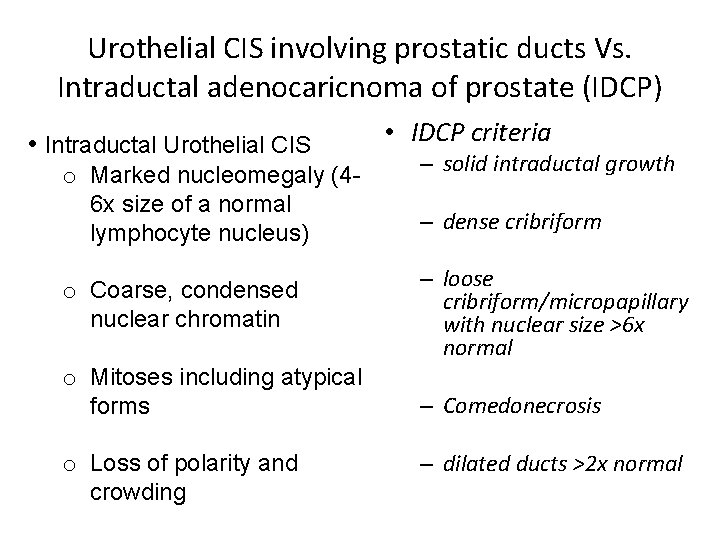 Urothelial CIS involving prostatic ducts Vs. Intraductal adenocaricnoma of prostate (IDCP) • Intraductal Urothelial